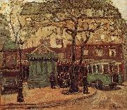 Grant Wood Greenish Bus in Street of Paris France oil painting artist